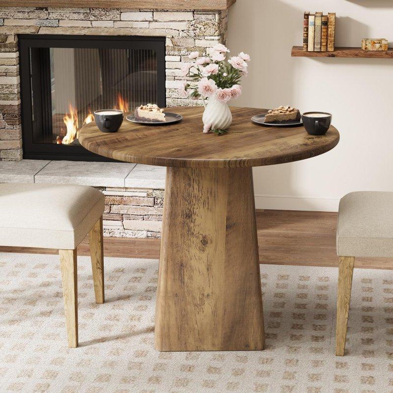 Kahverengi Ahşap Yuvarlak Kaide Ayaklı Bohem Yemek Masası - 81 cm - 237463