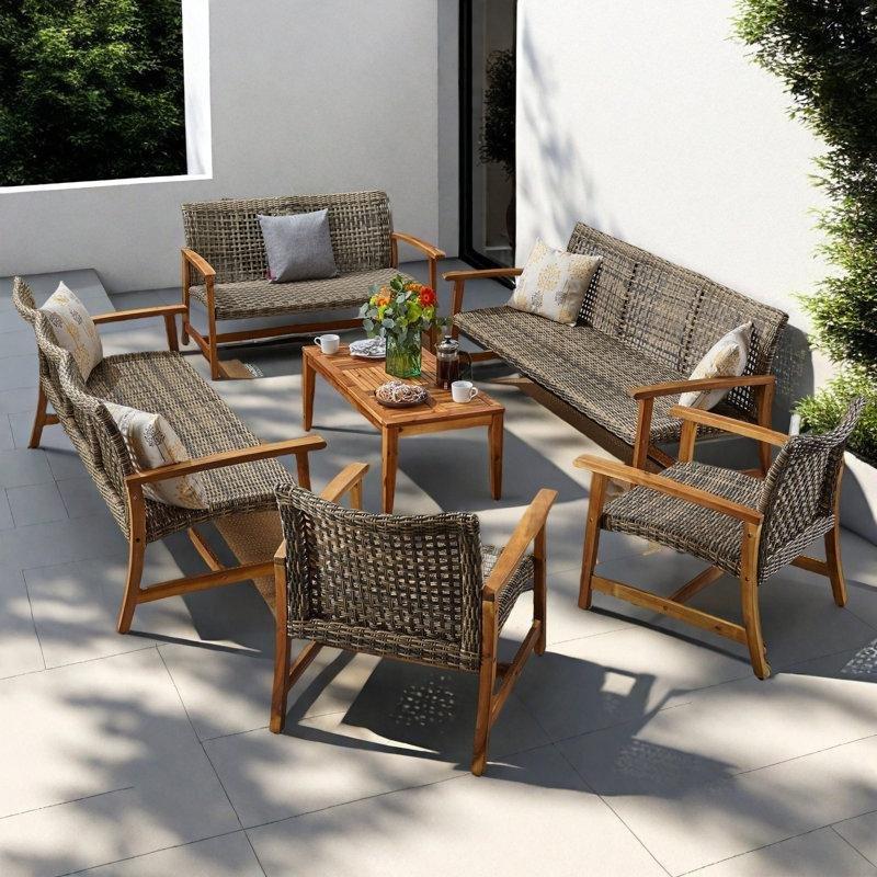Kahverengi Akasya Ağacı Hasır Rattan 10 Kişilik 6 Parça Bahçe Takımı - 208850