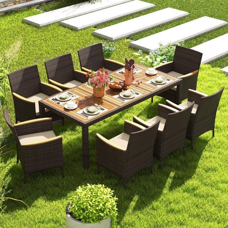 Kahverengi Akasya Ağacı Rattan Şemsiye Delikli 8 Kişilik Bahçe Masa Takımı - 191 cm - 213268