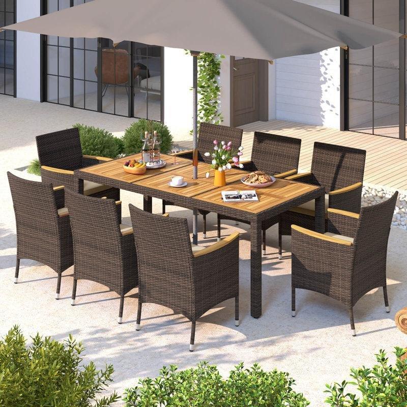 Kahverengi Akasya Ağacı Rattan Şemsiye Delikli 8 Kişilik Bahçe Masa Takımı - 191 cm - 213268
