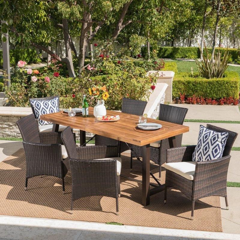 Kahverengi Akasya Ağacı ve PE Hasır Minderli 6 Kişilik Dikdörtgen Bahçe Masa Takımı - 178x84 cm - 213805