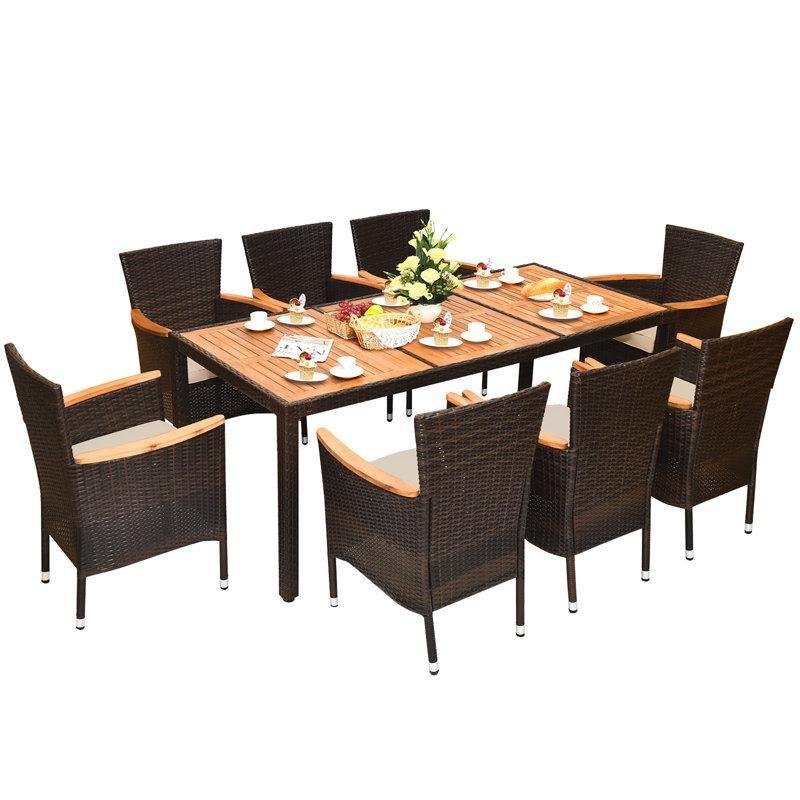 Kahverengi Akasya Ağacı ve Rattan 8 Kişilik Dikdörtgen Bahçe Masa Takımı - 194x92 cm - 215293