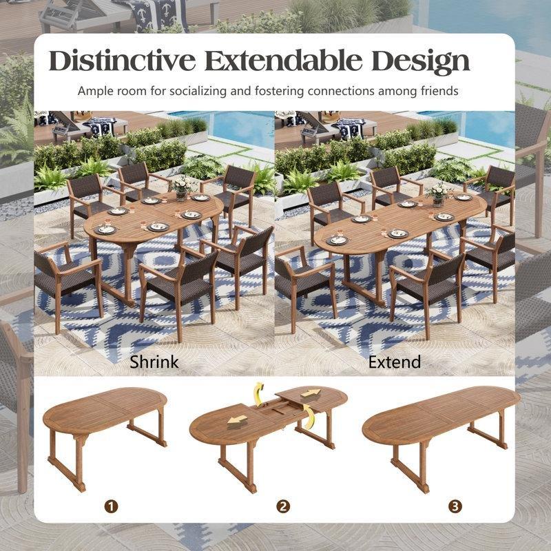 Kahverengi Akasya Ağacı ve Rattan Açılır 8 Kişilik Bahçe Masa Takımı - 181-241 cm - 216741