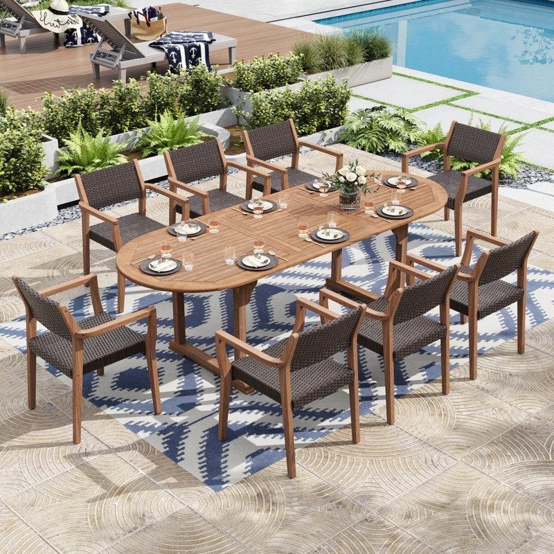 Kahverengi Akasya Ağacı ve Rattan Açılır 8 Kişilik Bahçe Masa Takımı - 181-241 cm - 216741