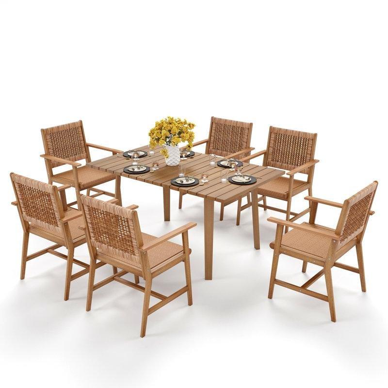 Kahverengi Akasya Ağacı ve Rattan Dikdörtgen 6 Kişilik Bahçe Masa Takımı - 151x90 cm - 216960