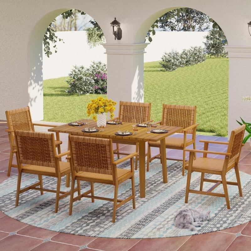 Kahverengi Akasya Ağacı ve Rattan Dikdörtgen 6 Kişilik Bahçe Masa Takımı - 151x90 cm - 216960