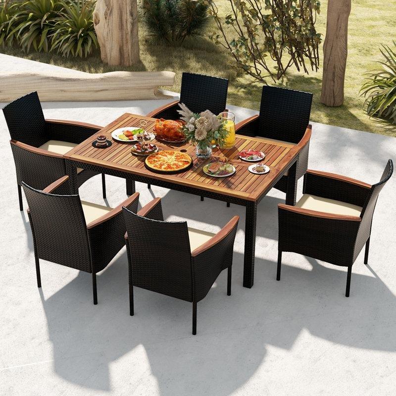 Kahverengi Akasya Ahşap ve Rattan İstiflenebilir Sandalyeli 6 Kişilik Bahçe Masa Takımı - 150x89 cm - 216831