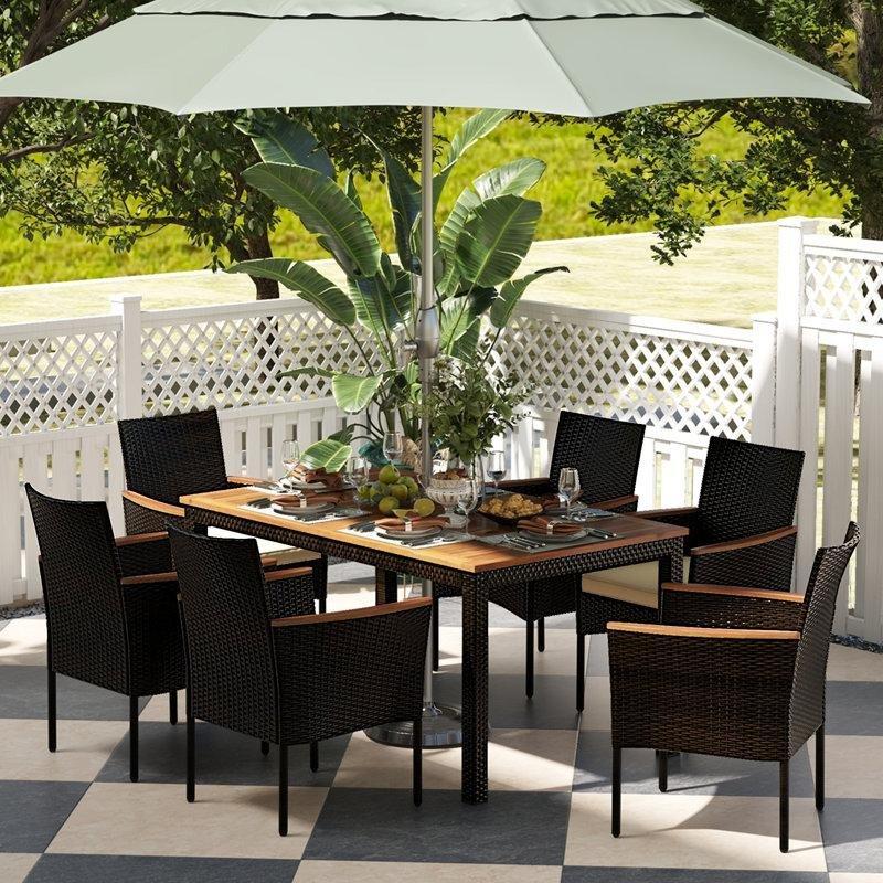 Kahverengi Akasya Ahşap ve Rattan İstiflenebilir Sandalyeli 6 Kişilik Bahçe Masa Takımı - 150x89 cm - 216831
