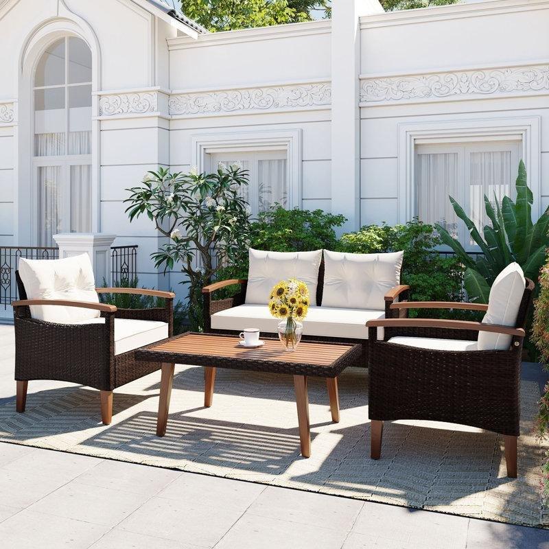 Kahverengi Akasya Ahşap ve Rattan Minderli 4 Kişilik Bahçe Takımı - 209208