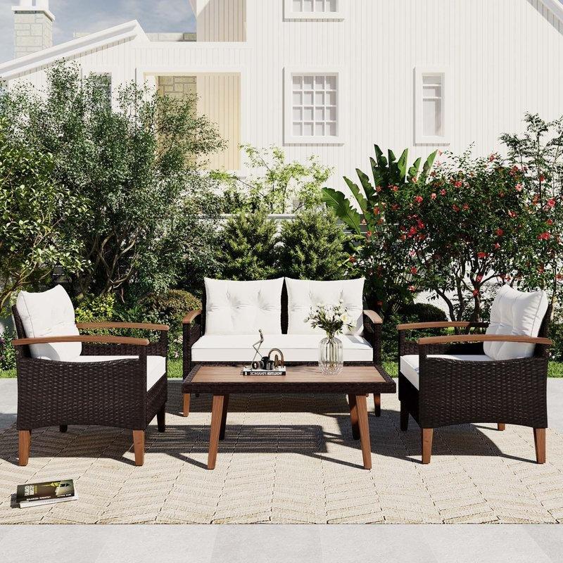 Kahverengi Akasya Ahşap ve Rattan Minderli 4 Kişilik Bahçe Takımı - 209208