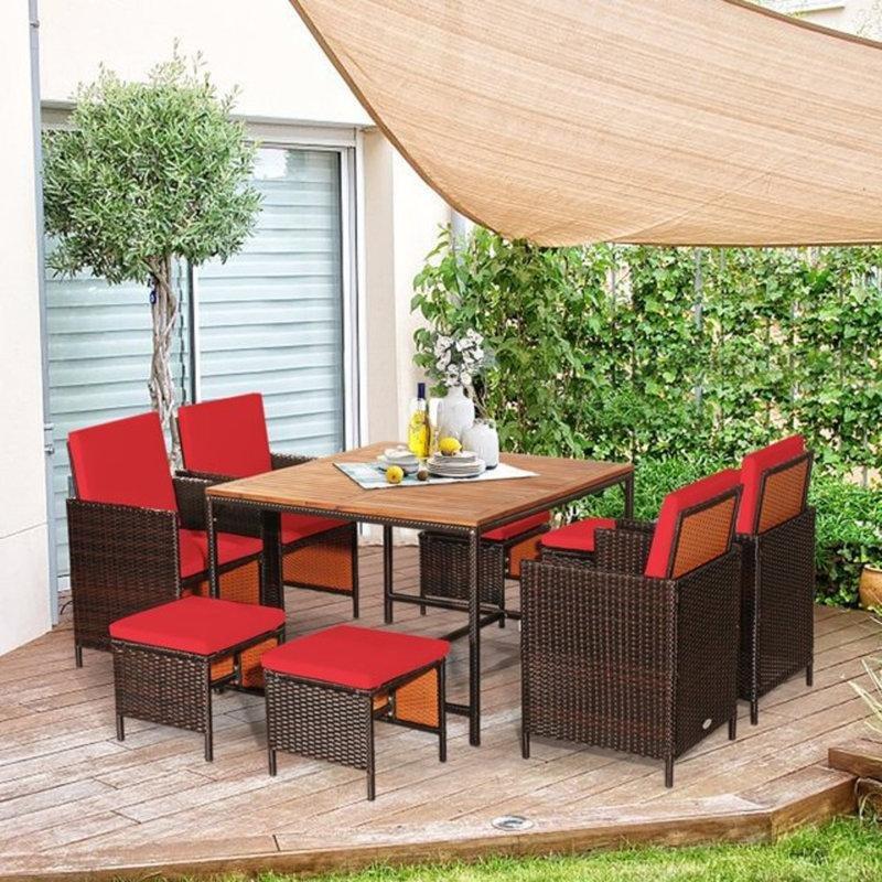 Kahverengi Akasya ve PE Rattan 8 Kişilik Minderli Şemsiye Delikli Bahçe Masa Takımı - 214690
