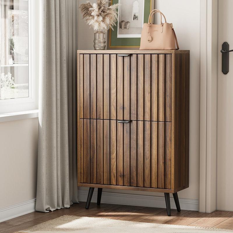 Kahverengi Ayarlanabilir Raflı Düşer Kapaklı Ahşap Ayakkabılık - 60x25x93 cm - 228738