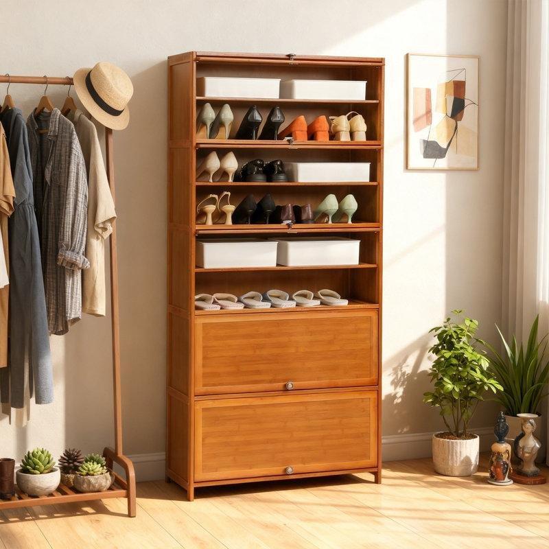 Kahverengi Bambu 10 Raflı 2 Çekmeceli Düşer Kapaklı 50 Çift Kapasiteli Ayakkabılık - 79x32x172 cm - 229842