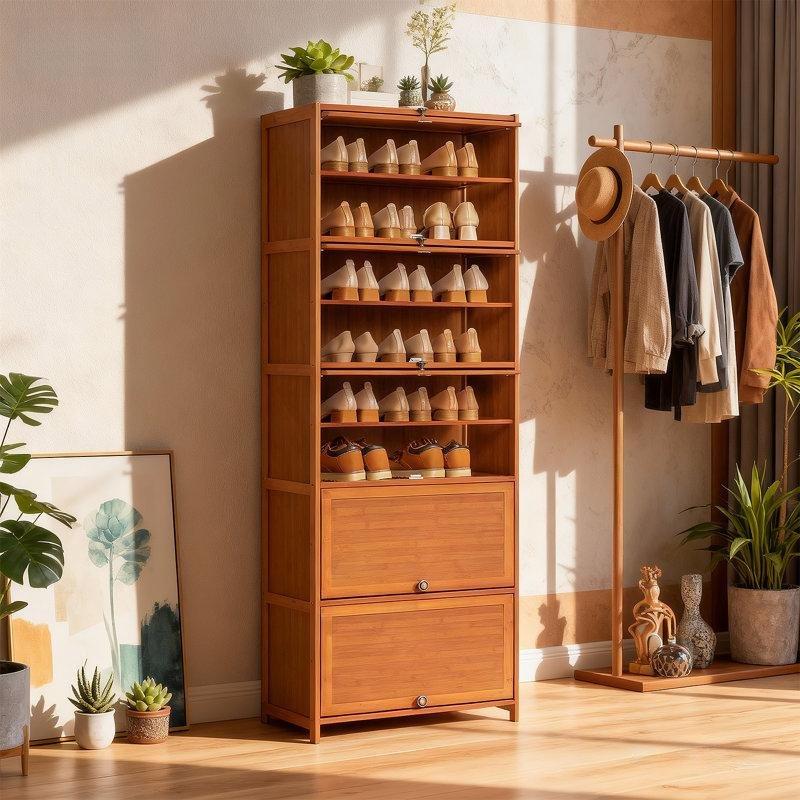 Kahverengi Bambu 10 Raflı Düşer Kapaklı Ayakkabılık - 172x59x32 cm - 229505