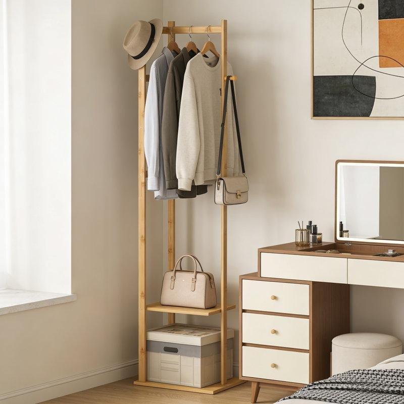 Kahverengi Bambu 2 Raflı ve 3 Kancalı Ayaklı Askılık - 155x39 cm - 165580