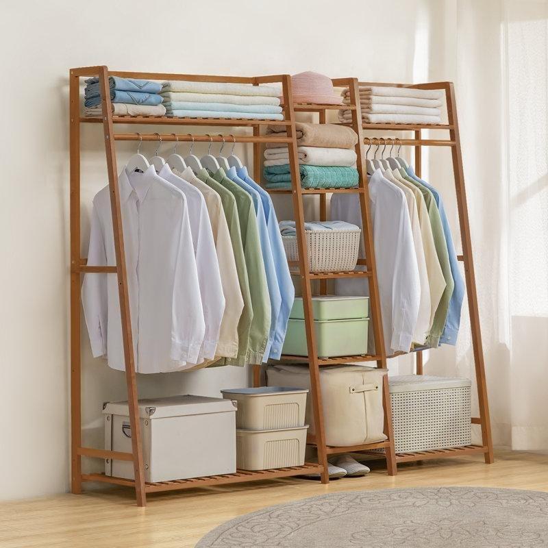 Kahverengi Bambu 5 Raflı Askı Çubuklu Trapez Tasarım Ayaklı Askılık - 140x158 cm - 165517