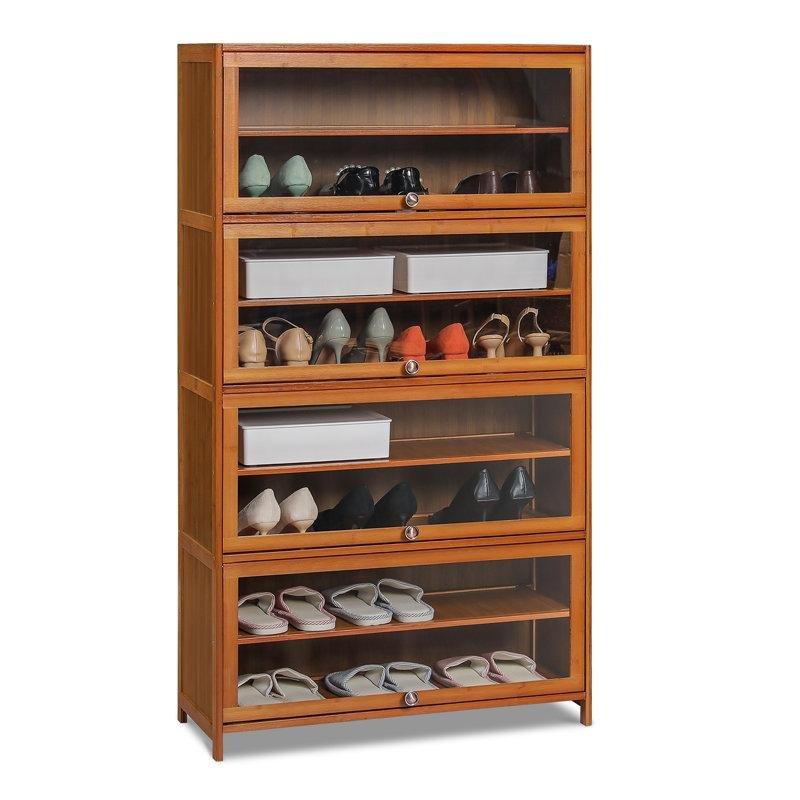 Kahverengi Bambu Akrilik Kapaklı ve Çekmeceli 9 Raflı Ayakkabılık Dolabı - 139x79x32 cm - 230020