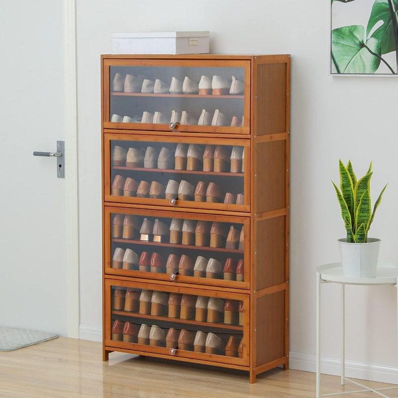 Kahverengi Bambu Akrilik Kapaklı ve Çekmeceli 9 Raflı Ayakkabılık Dolabı - 139x79x32 cm - 230020