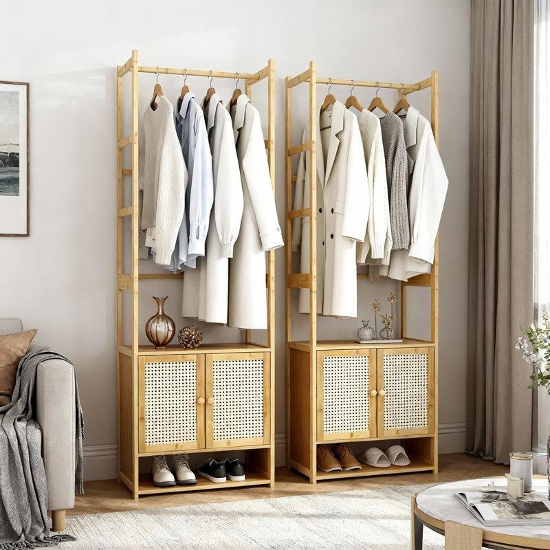 Kahverengi Bambu Dolaplı Yan Raflı Ayaklı Askılık - 62x168 cm - 165436