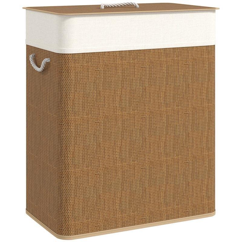 Kahverengi Bambu İki Bölmeli Kapaklı Çamaşır Sepeti - 53 cm - 187681