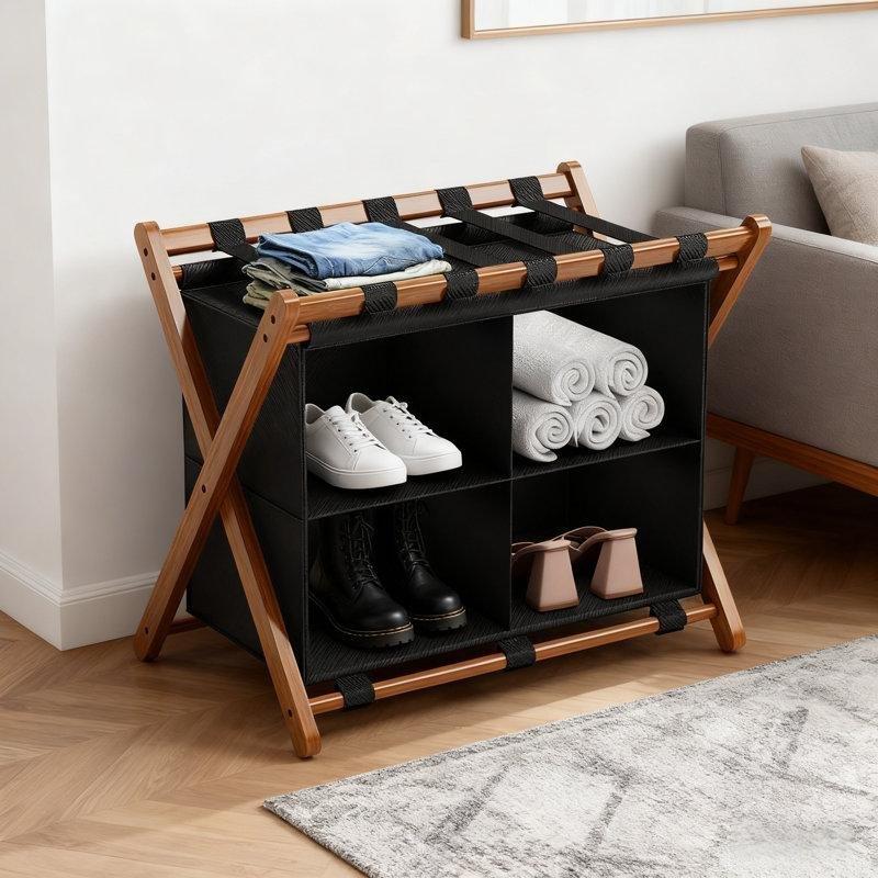 Kahverengi Bambu Katlanabilir 4 Bölmeli Valiz Sehpası - 69x41 cm - 187026