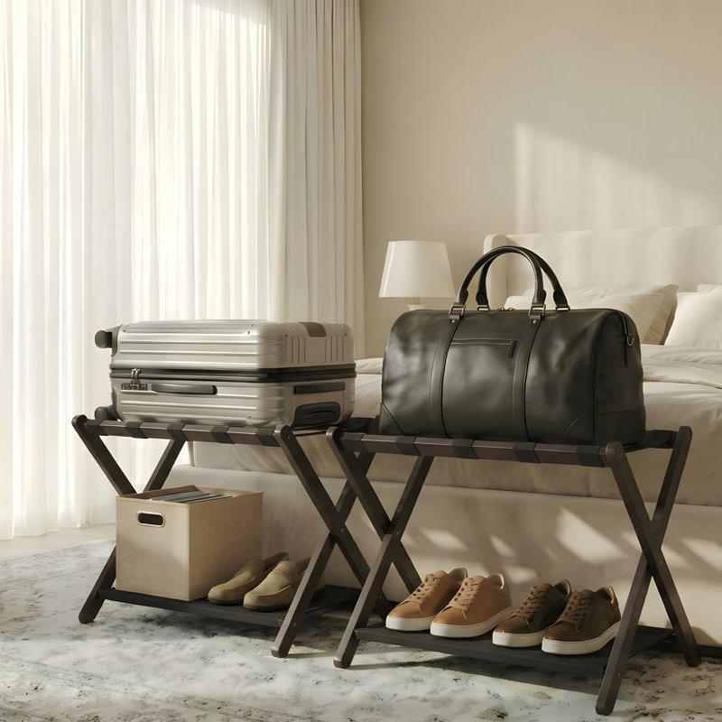 Kahverengi Bambu Katlanabilir Çift Raflı Valiz Sehpası - 68x47x52 cm - 186878