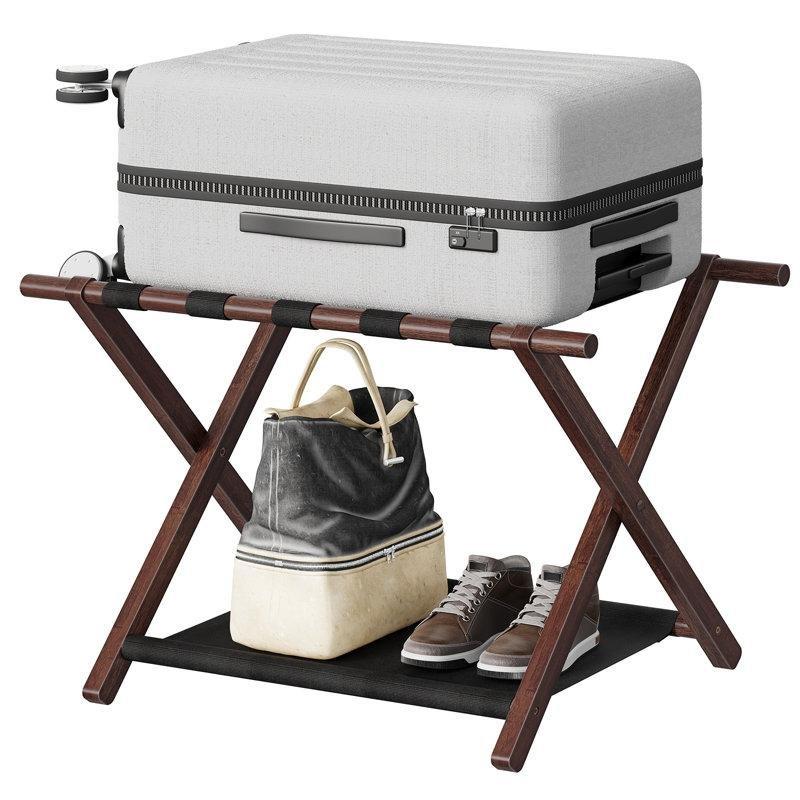 Kahverengi Bambu Katlanabilir Kumaş Raflı Valiz Sehpası - 69x44x51 cm - 187420