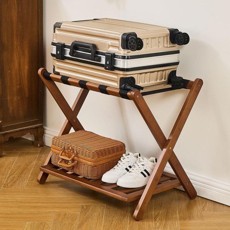 Kahverengi Bambu Katlanabilir Raflı 2li Set Valiz Sehpası - 68 cm - 186759