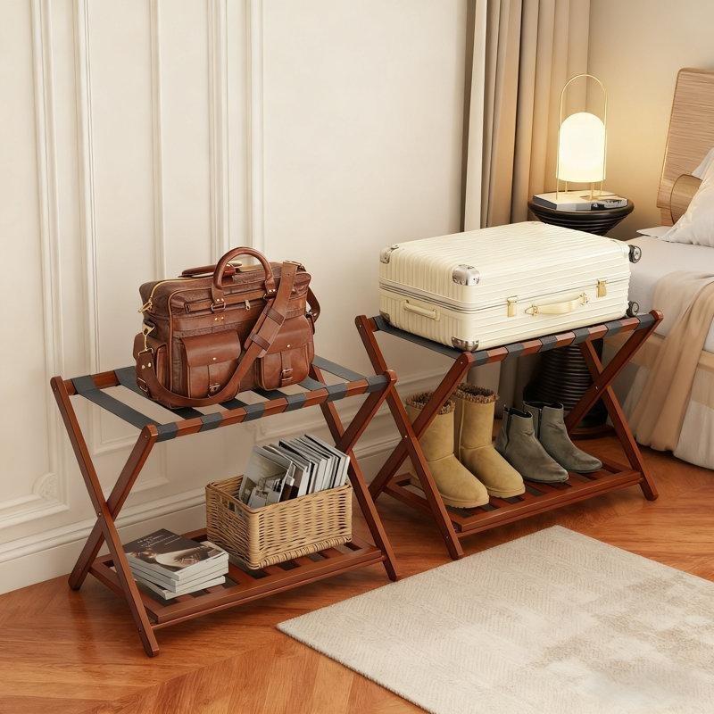 Kahverengi Bambu Katlanabilir Raflı Valiz Sehpası - 68 cm - 187233