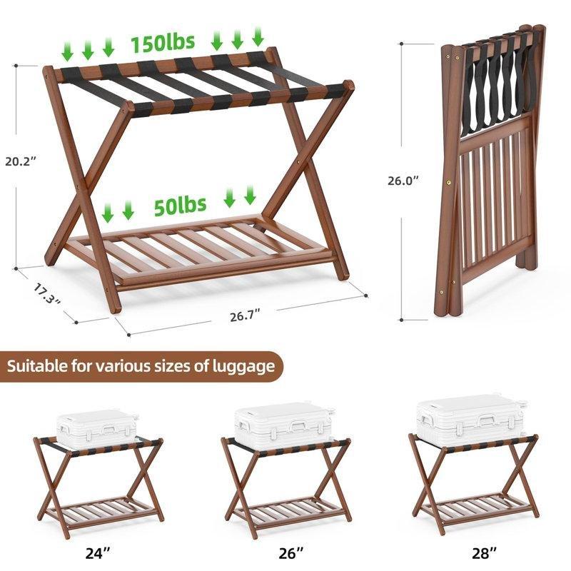 Kahverengi Bambu Katlanabilir Raflı Valiz Sehpası - 68 cm - 187233