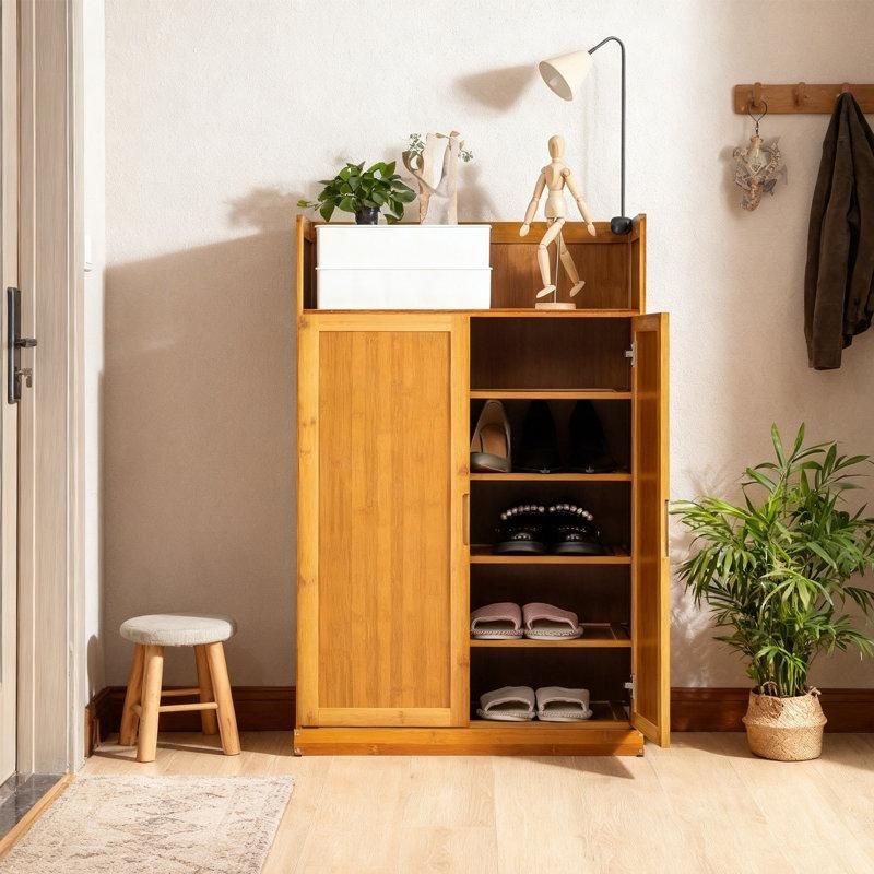 Kahverengi Bambu Masif Ahşap Kapaklı 5 Raflı 15 Çift Kapasiteli Ayakkabılık - 59x34x101 cm - 229422