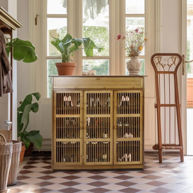 Kahverengi Bambu Panjurlu Kapaklı Çekmeceli 18 Çift Kapasiteli Ayakkabılık - 93x33x99 cm - 229991