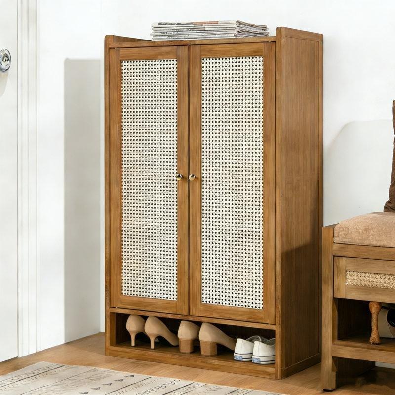 Kahverengi Bambu Rattan Kapaklı Ayarlanabilir Raflı Ayakkabılık - 93x60x32 cm - 227658