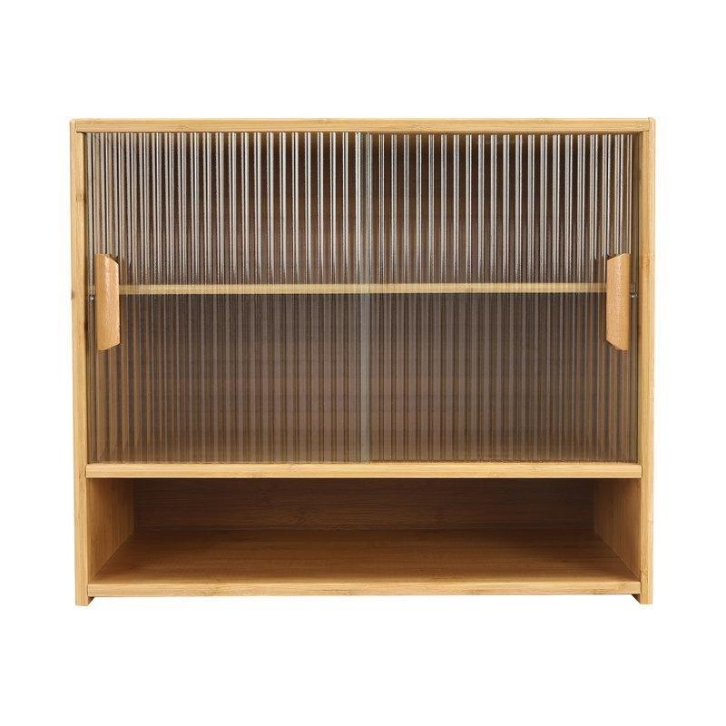 Kahverengi Bambu Sürgülü Cam Kapaklı 3 Katlı Dolap İçi Raf - 55x28x46 cm - 183483