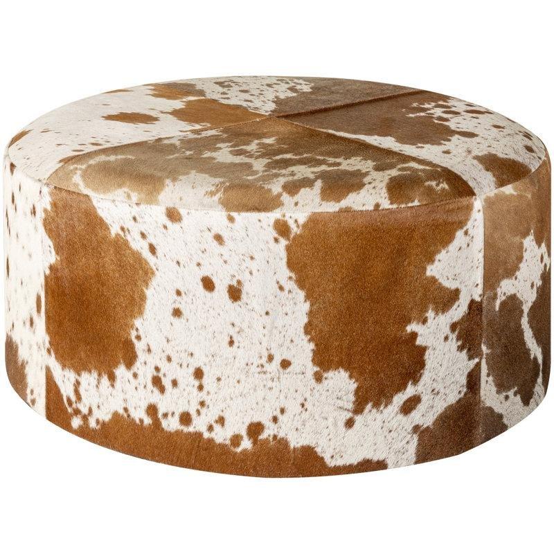 Kahverengi Beyaz Gerçek Post Deri Masif Ahşap Yuvarlak Puf - 77x36 cm - 165172