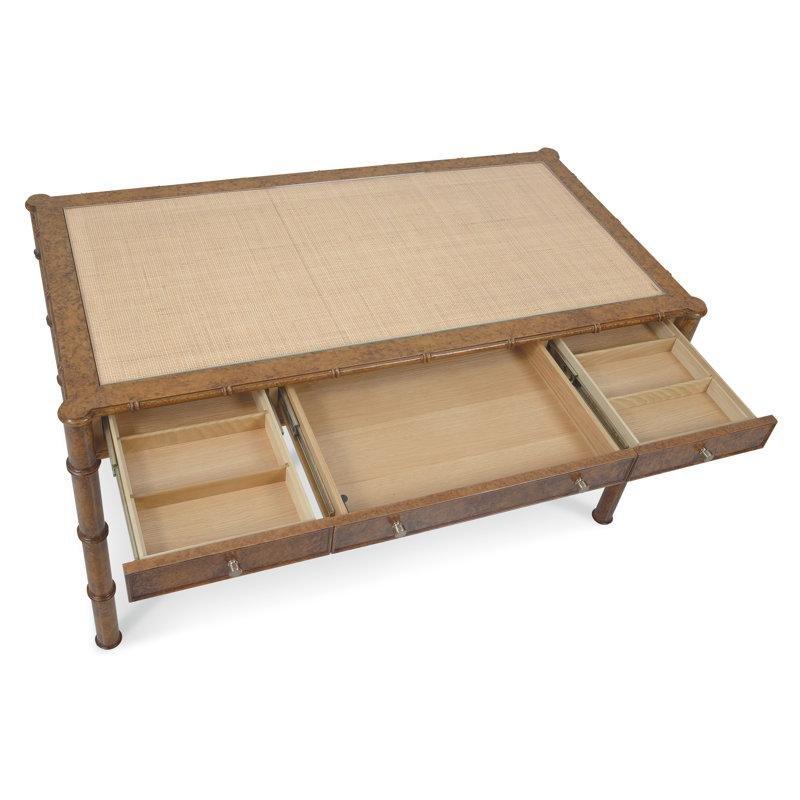 Kahverengi Cam Tablalı Masif Ahşap 3 Çekmeceli Bambu Motifli Vintage Çalışma Masası - 143x77 cm - 234235