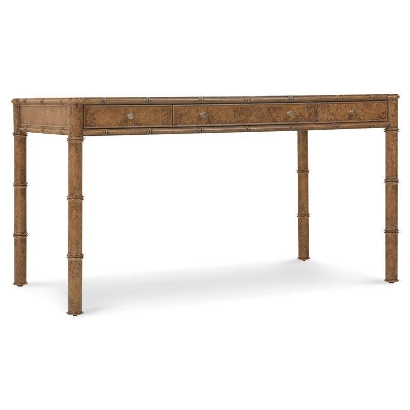 Kahverengi Cam Tablalı Masif Ahşap 3 Çekmeceli Bambu Motifli Vintage Çalışma Masası - 143x77 cm - 234235
