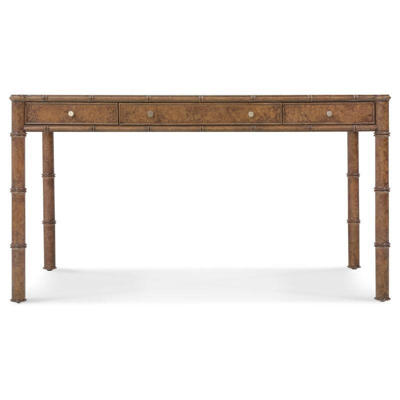 Kahverengi Cam Tablalı Masif Ahşap 3 Çekmeceli Bambu Motifli Vintage Çalışma Masası - 143x77 cm - 234235