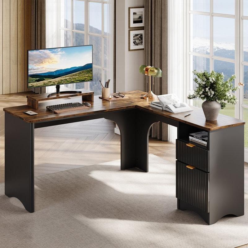 Kahverengi Çekmeceli ve Monitör Standlı L Tipi Sunta Ofis Masası - 142 cm - 177070