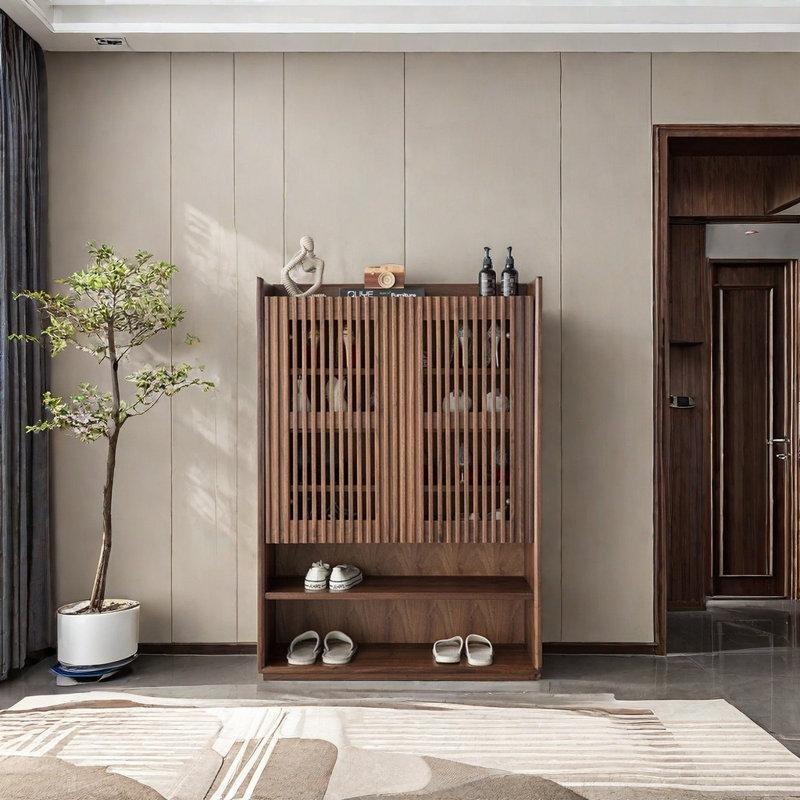 Kahverengi Ceviz Masif Ahşap Kapaklı Izgara Tasarımlı Ayakkabılık Dolabı - 86x35x120 cm - 227389