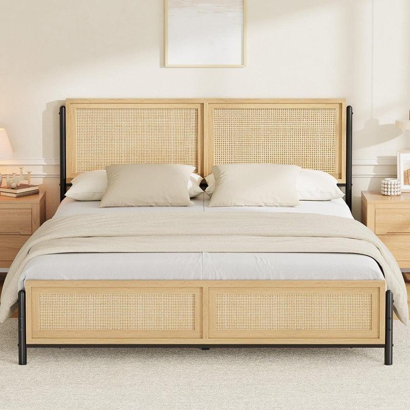 Kahverengi Doğal Rattan ve Masif Ahşap Yatak Altı Depolamalı Bohem King Size Karyola - 196x212 cm - 181944