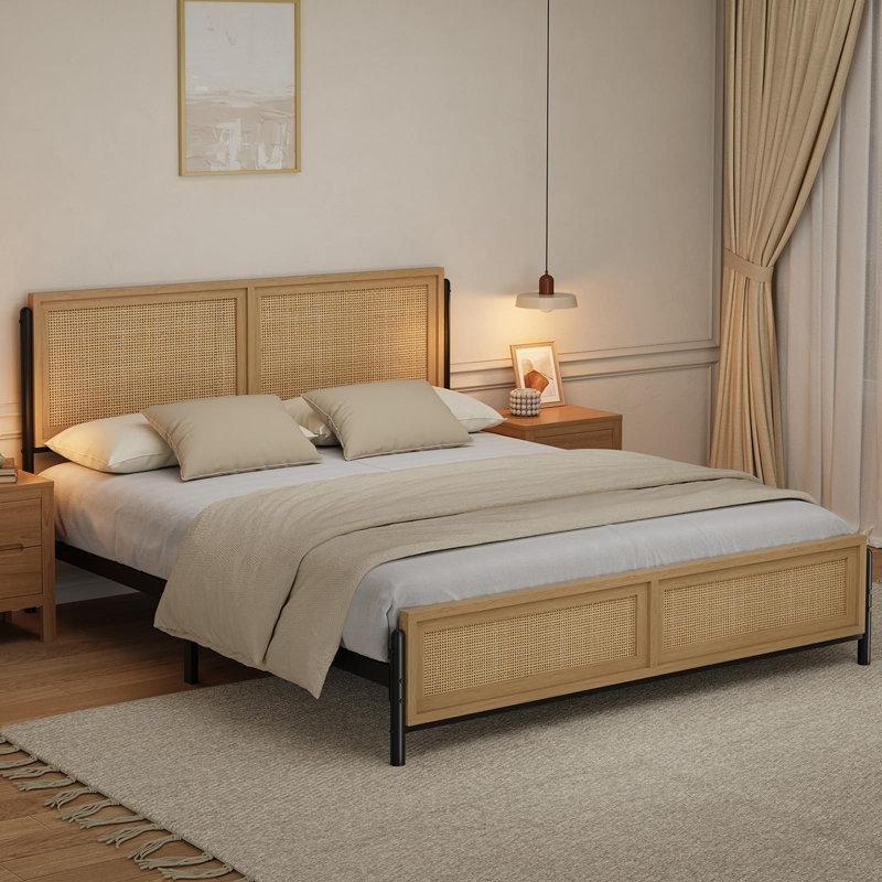 Kahverengi Doğal Rattan ve Masif Ahşap Yatak Altı Depolamalı Bohem King Size Karyola - 196x212 cm - 181944