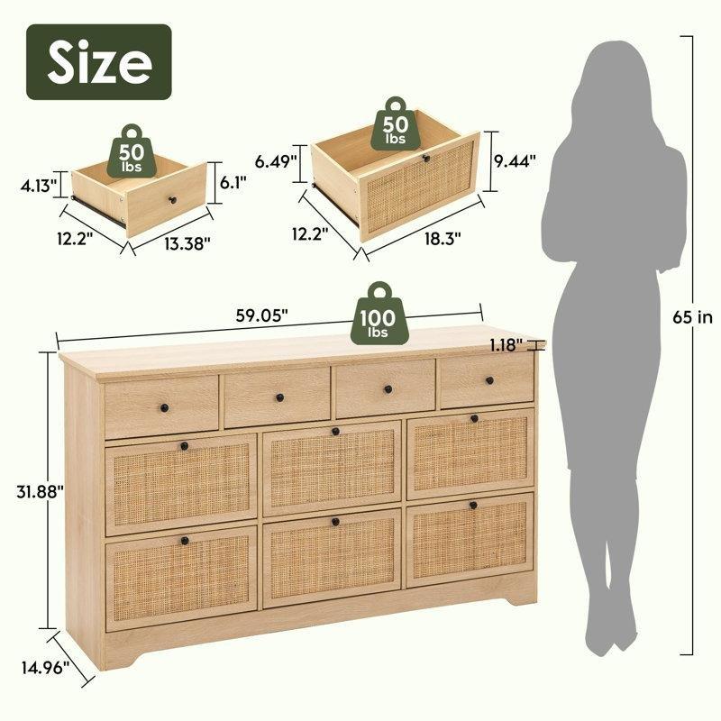 Kahverengi Doğal Rattan ve Sunta 10 Çekmeceli Bohem Şifonyer - 150 cm - 181998