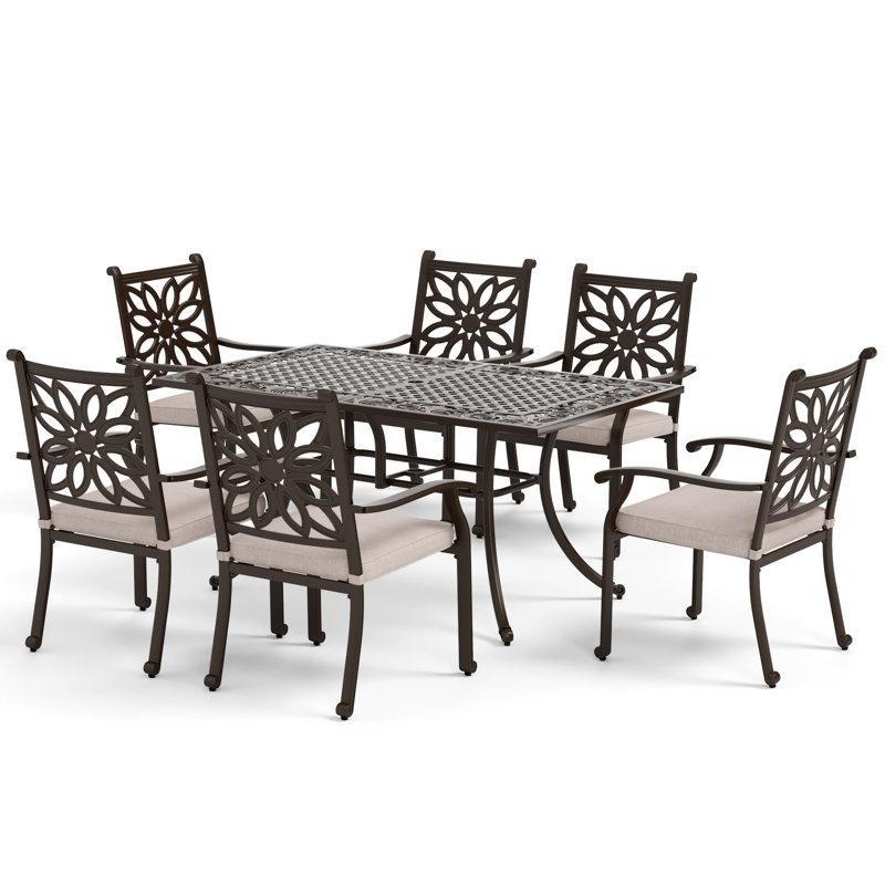 Kahverengi Döküm Alüminyum Şemsiye Delikli Minderli 6 Kişilik Bahçe Masa Takımı - 162x95 cm - 215562