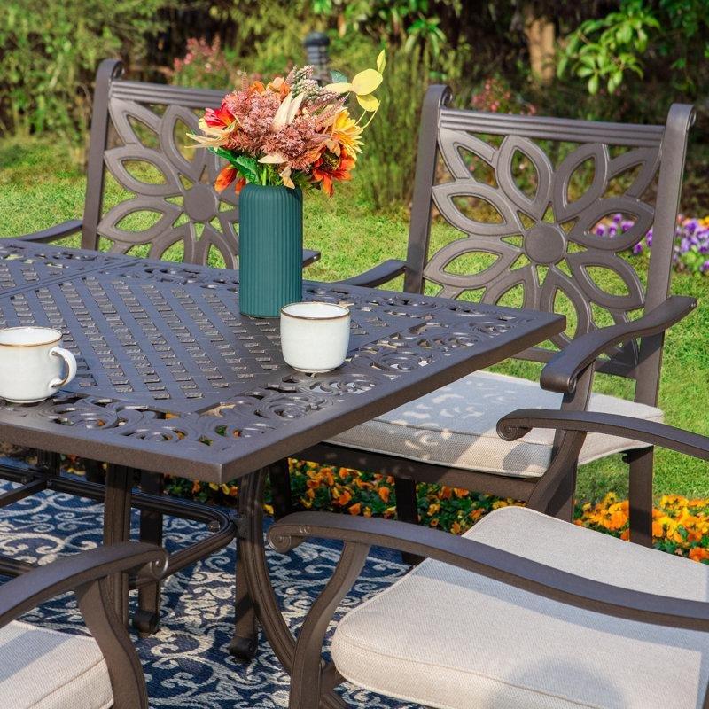 Kahverengi Döküm Alüminyum Şemsiye Delikli Minderli 6 Kişilik Bahçe Masa Takımı - 162x95 cm - 215562