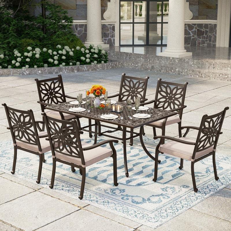 Kahverengi Döküm Alüminyum Şemsiye Delikli Minderli 6 Kişilik Bahçe Masa Takımı - 162x95 cm - 215562