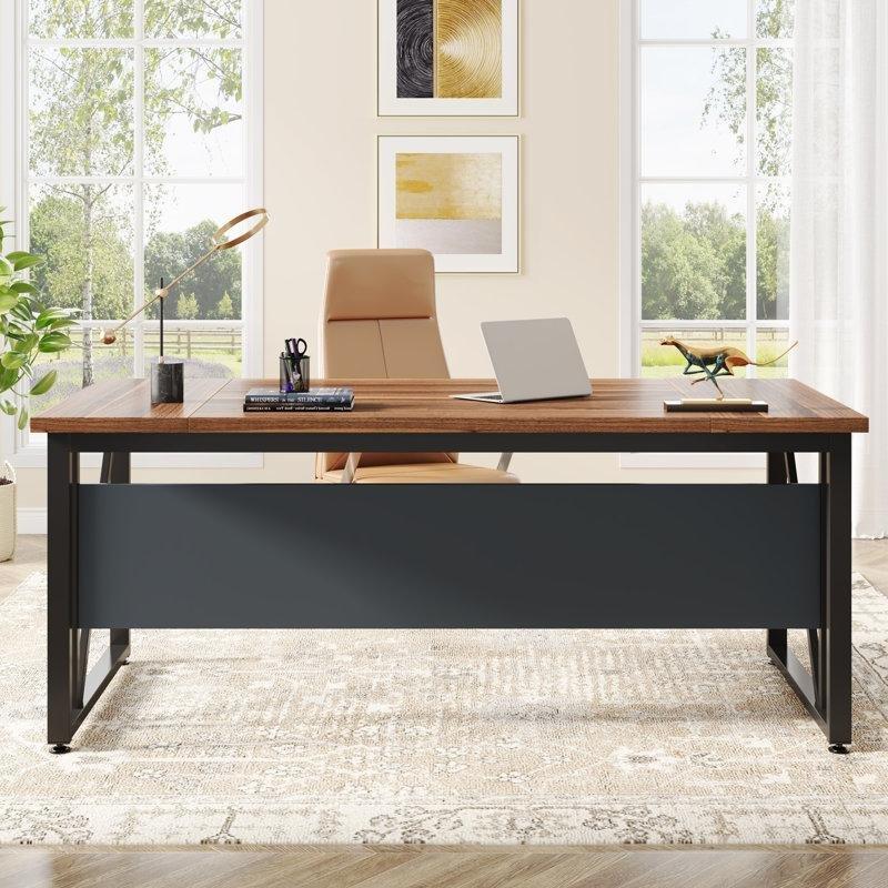 Kahverengi Endüstriyel Ahşap Alt Raflı Metal Ayaklı Ofis Masası - 160x80 cm - 176929