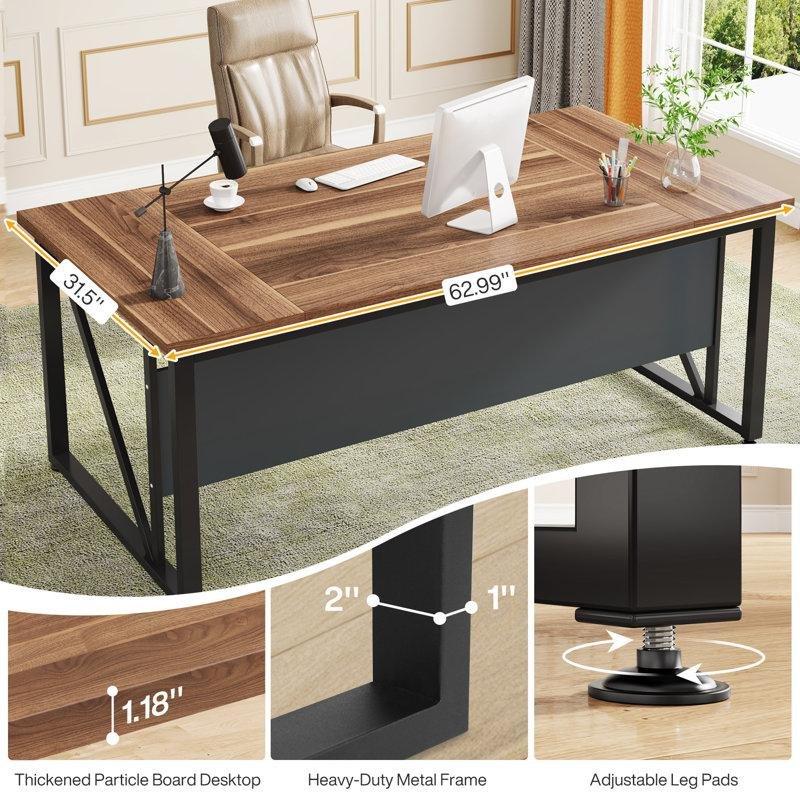 Kahverengi Endüstriyel Ahşap Alt Raflı Metal Ayaklı Ofis Masası - 160x80 cm - 176929