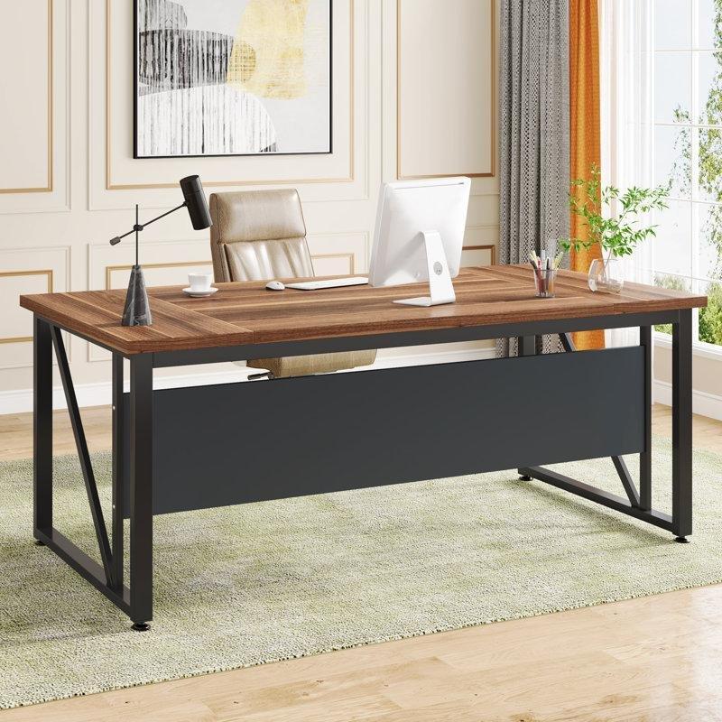 Kahverengi Endüstriyel Ahşap Alt Raflı Metal Ayaklı Ofis Masası - 160x80 cm - 176929