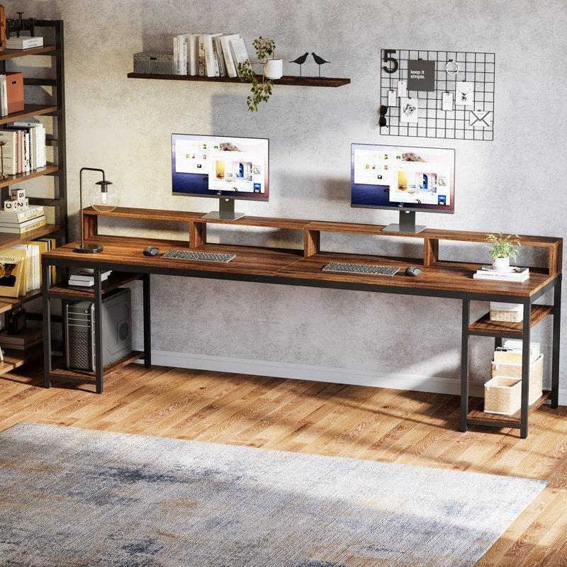 Kahverengi Endüstriyel Ahşap İki Kişilik Monitör Standlı ve Raflı Ofis Masası - 200 cm - 176915
